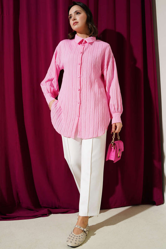 Shirt with Collar and Laces, Embossed Striped, Pink