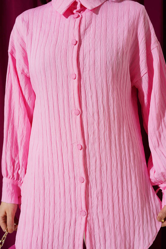 Shirt with Collar and Laces, Embossed Striped, Pink