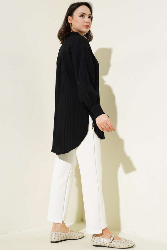 Cuffed Laced Embossed Striped Shirt Black