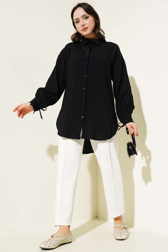 Cuffed Laced Embossed Striped Shirt Black