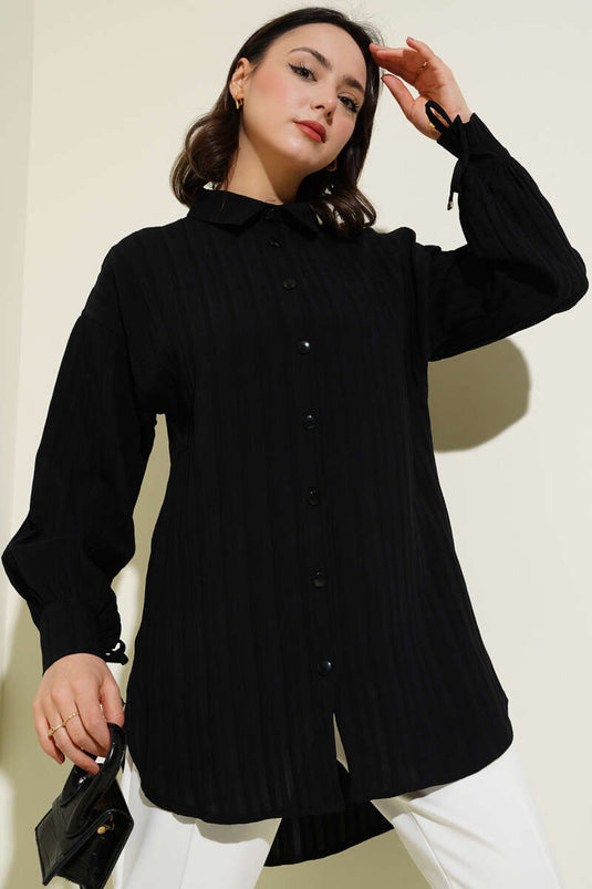 Cuffed Laced Embossed Striped Shirt Black