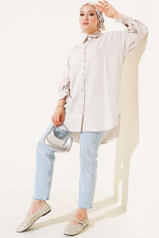 قميص كتان بيج اللون بأساور برباط