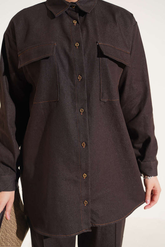 Ensemble En Jean Marron À Poches Doubles Et Poignets Boutonnés