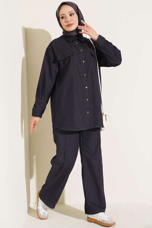 Doppeltes Taschen-Jeans-Set Mit Knopfmanschetten In Marineblau
