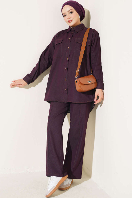 Completo In Denim Con Bottoni E Tasche In Malva