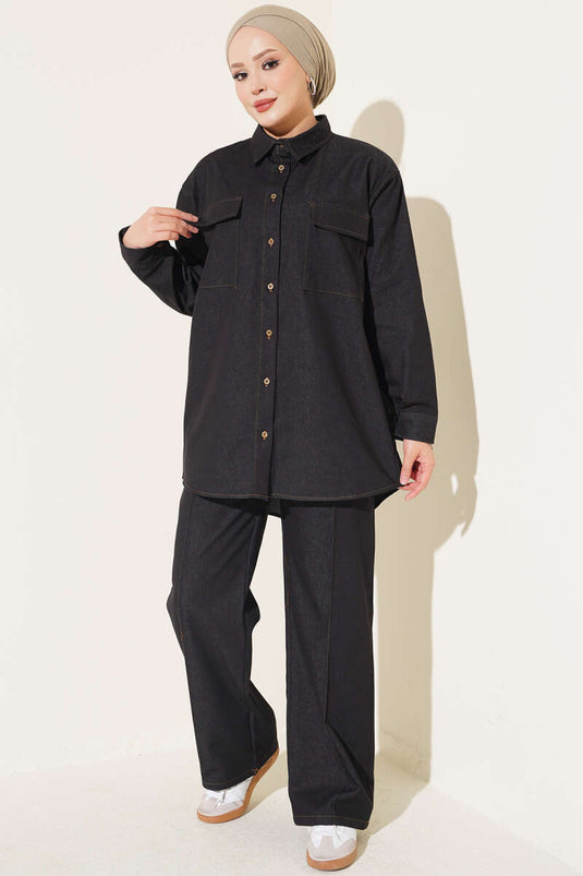 Completo In Denim Nero Con Doppie Tasche E Polsini Con Bottoni