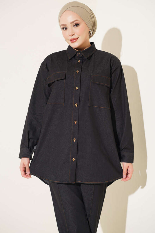 Completo In Denim Nero Con Doppie Tasche E Polsini Con Bottoni