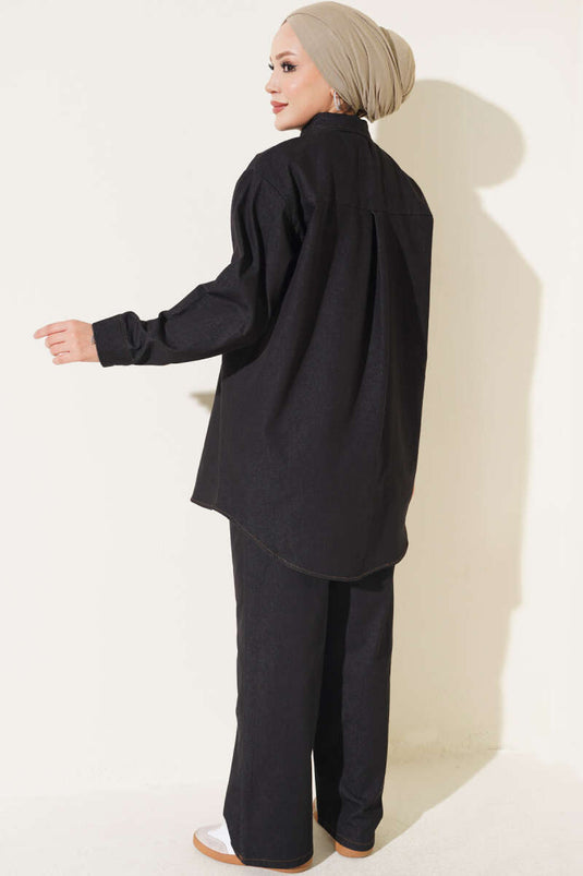 Completo In Denim Nero Con Doppie Tasche E Polsini Con Bottoni