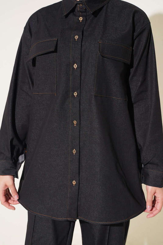 Completo In Denim Nero Con Doppie Tasche E Polsini Con Bottoni