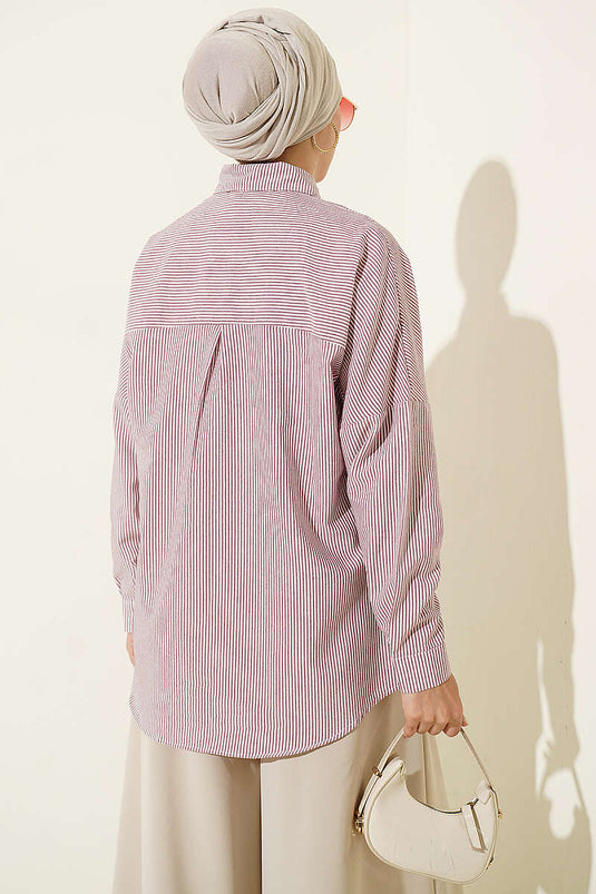 Camicia A Righe Bordeaux Con Bottoni