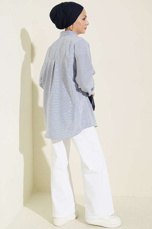 Camicia A Righe Con Bottoni E Polsini In Blu