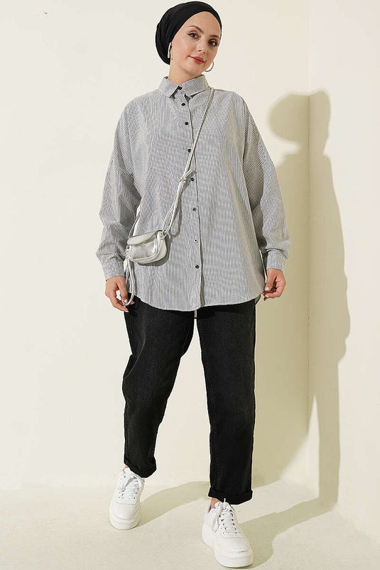 Black Striped Button-Front Shirt