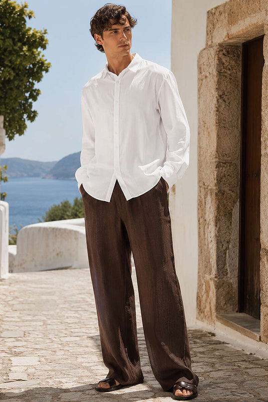Chemise tissée pour homme avec boutons à manchette, couleur écru