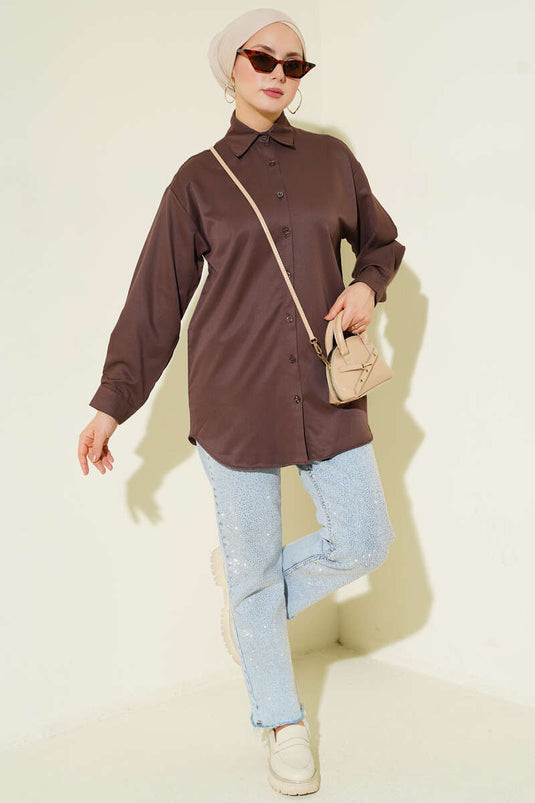 Plain Shirt with Cuff Buttons Brown