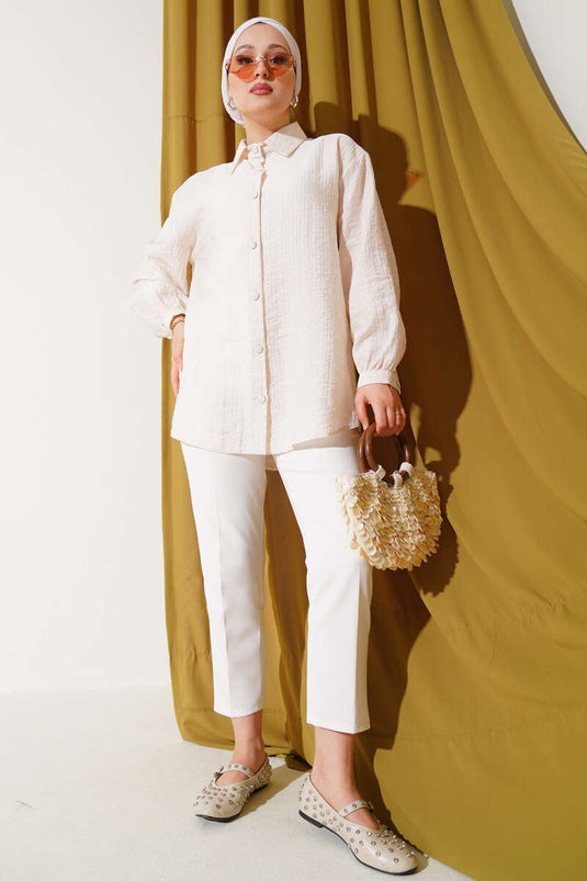 Crinkle Shirt with Buttoned Cuffs, Beige