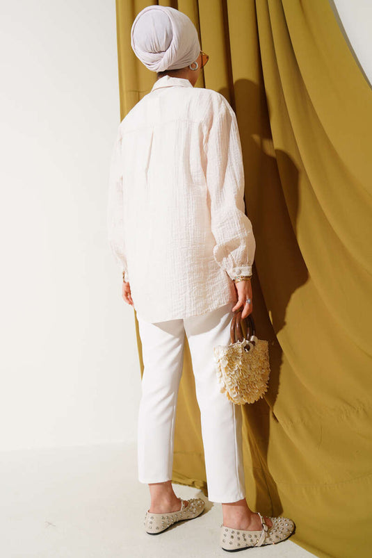 Crinkle Shirt with Buttoned Cuffs, Beige