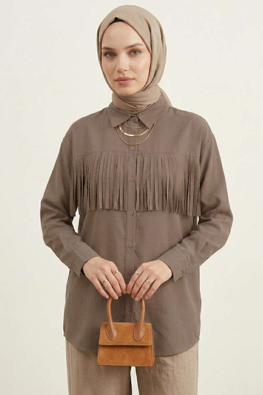 Chemise à franges avec poignets boutonnés, couleur vison