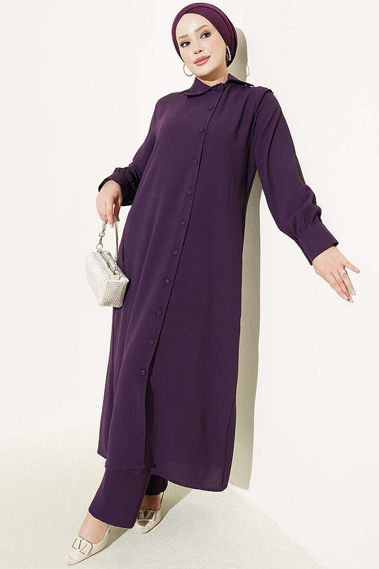 Long Tunic Set With Buttoned Cuffs In Purple