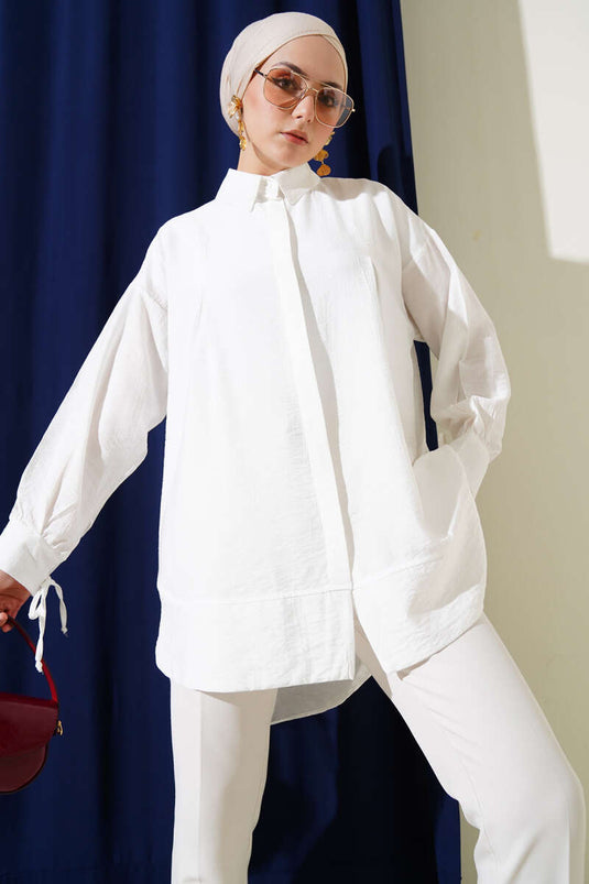 Cuff String Chest Pleated Shirt Ecru