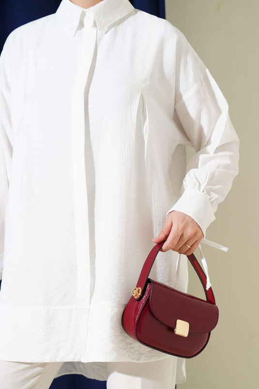 Cuff String Chest Pleated Shirt Ecru