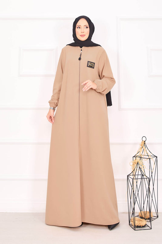 Abaya hijab à poignets élastiques et poche, couleur camel