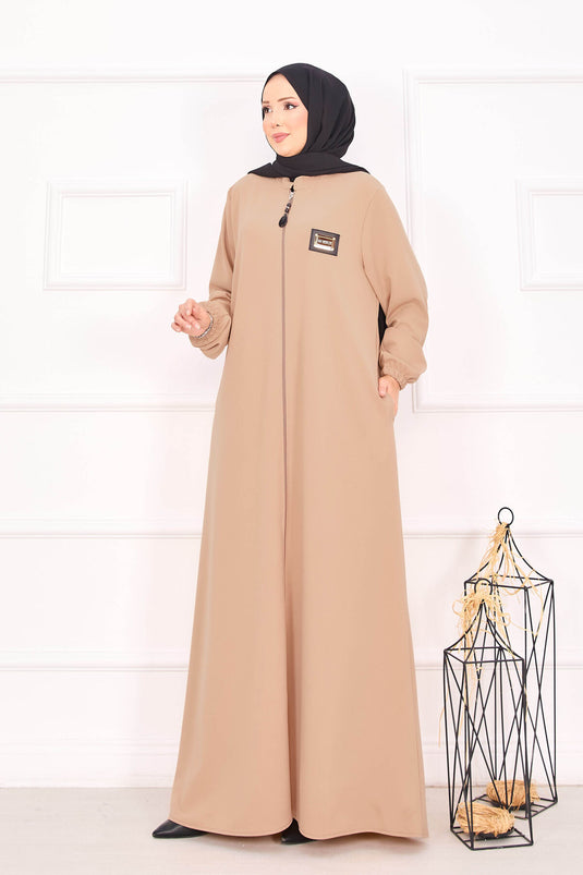 Abaya hijab à poignets élastiques et poche, couleur camel