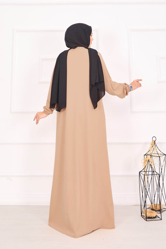Abaya hijab à poignets élastiques et poche, couleur camel