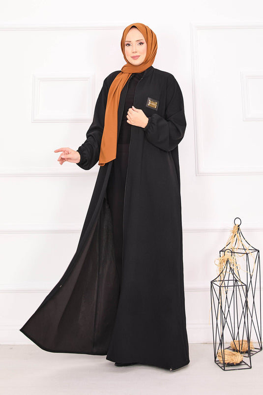 Abaya hijab noire à poches et poignets élastiques
