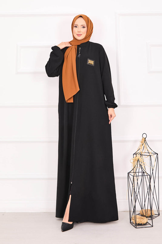 Abaya hijab noire à poches et poignets élastiques