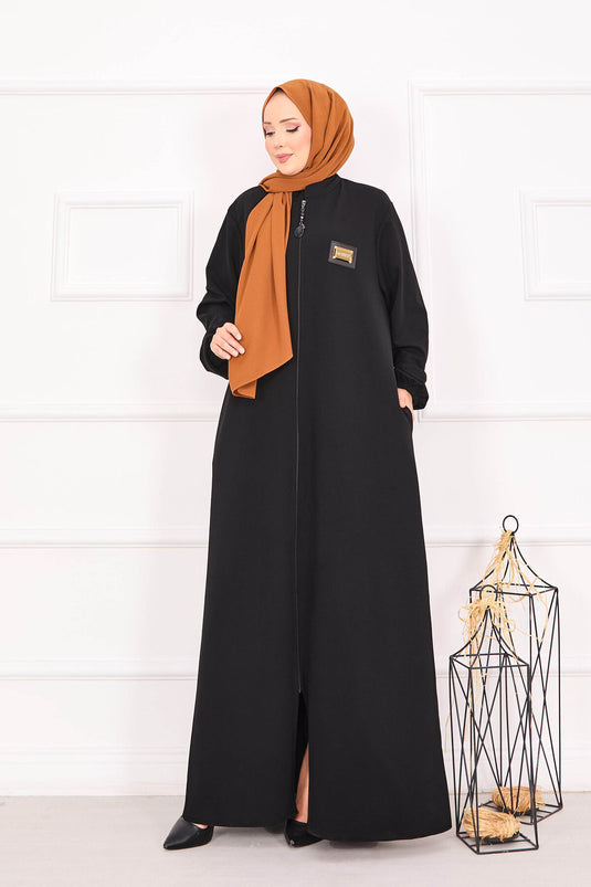 Abaya hijab noire à poches et poignets élastiques