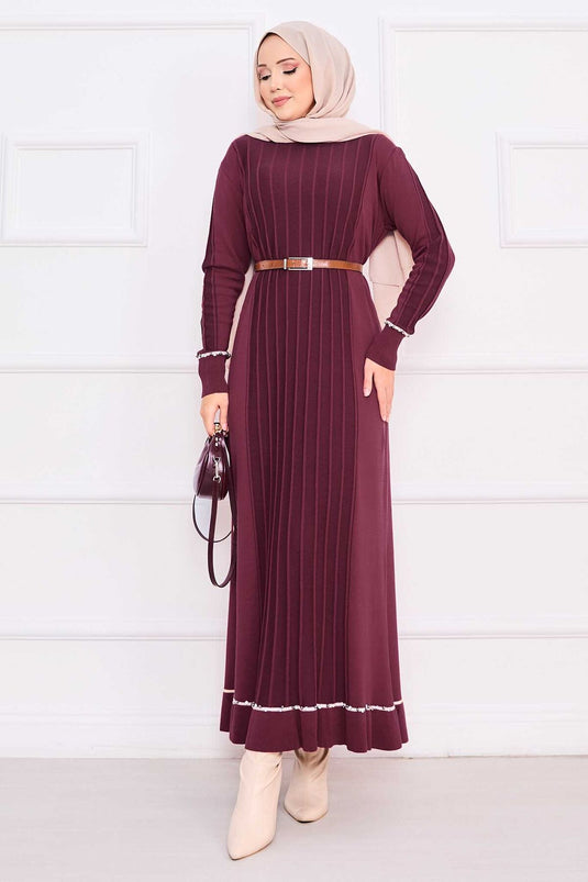 Hijab gebreide jurk met stenen geborduurde manchetten en rok, bordeauxrood