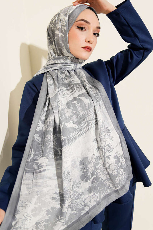 Manzara Desen Bambu Kraş Şal Gri