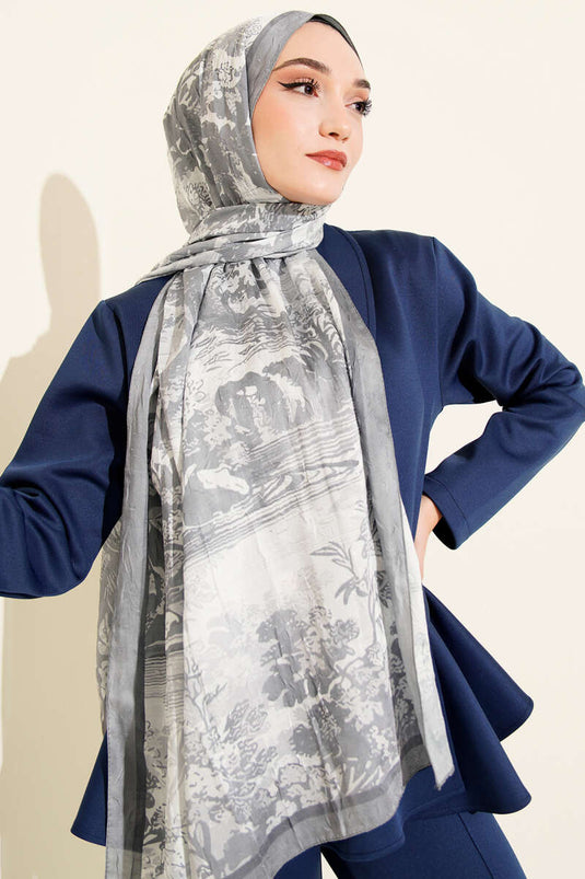 Manzara Desen Bambu Kraş Şal Gri