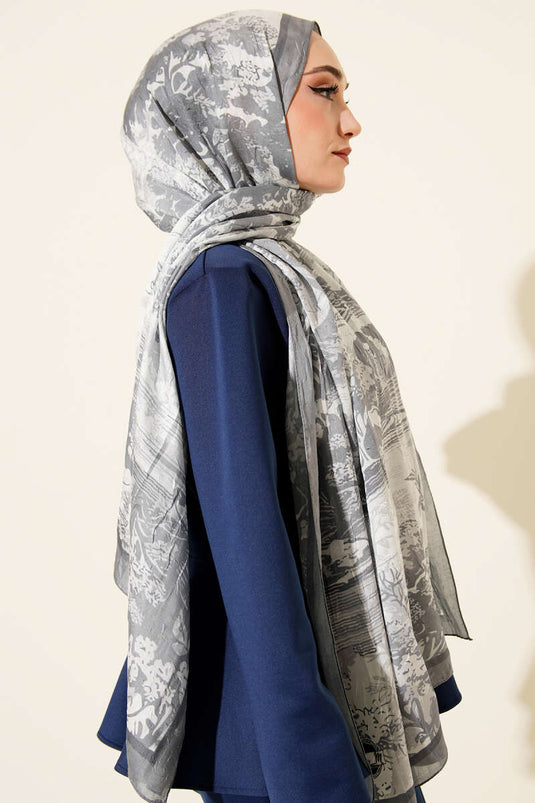 Manzara Desen Bambu Kraş Şal Gri