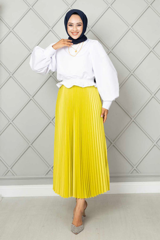 Jupe Hijab Plissée à Taille Élastique Jaune Phosphore