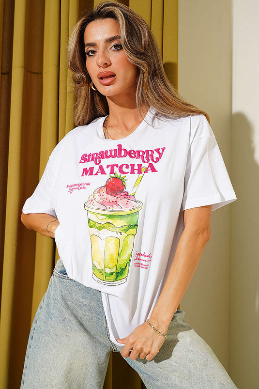 Matcha Baskılı T-shirt Beyaz