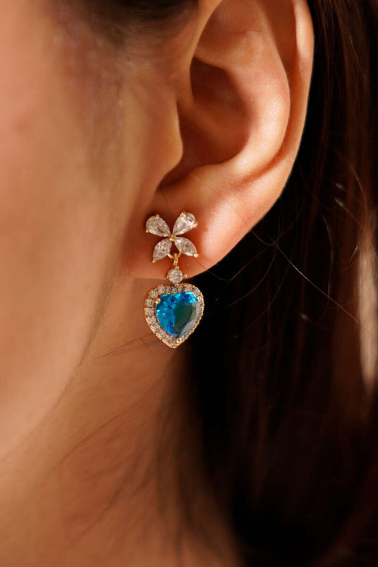 Blue Stone Heart Earrings Gold
