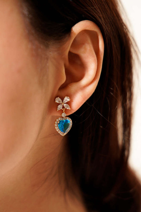 Blue Stone Heart Earrings Gold