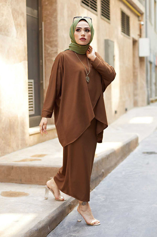 MDI Skirt and Tunic Two-Piece Set Brown