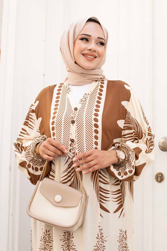 Robe Hijab En Viscose À Motifs Melike Marron