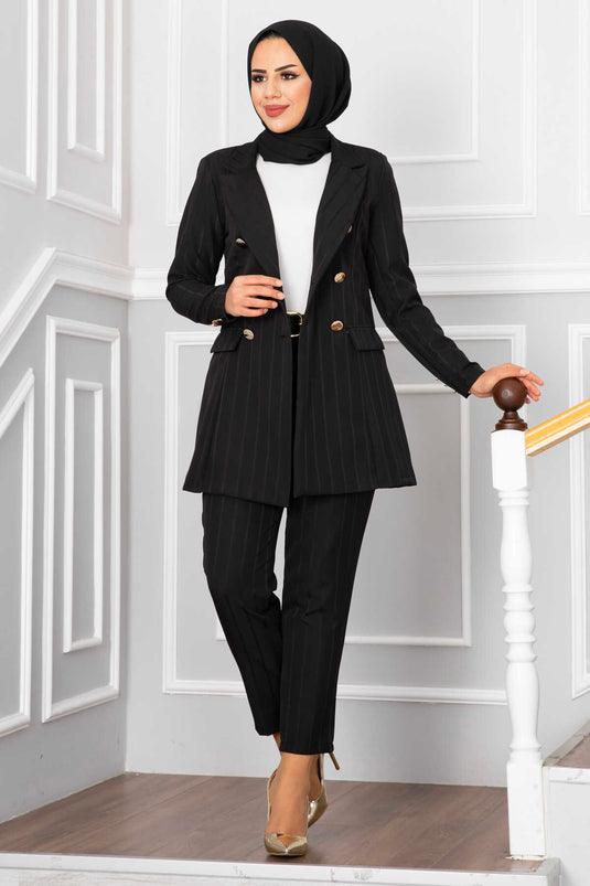 Striped Hijab Suit with Pocket Collar and Black