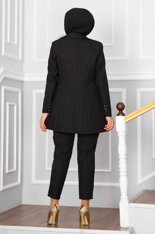 Striped Hijab Suit with Pocket Collar and Black