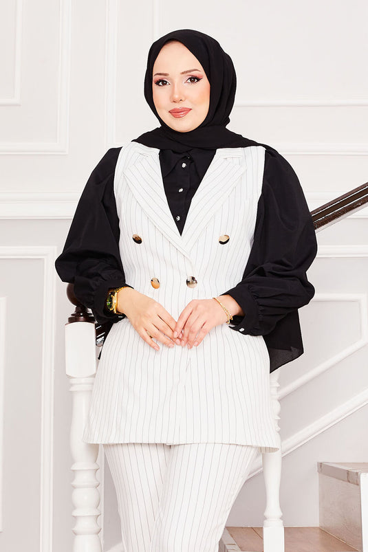 Handkerchief Collar Striped Vest Trousers Two Piece Set Ecru