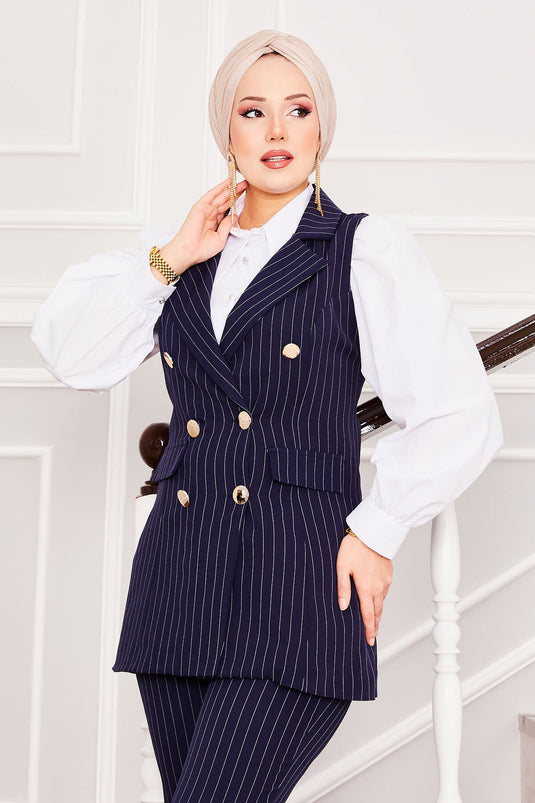 Handkerchief Collar Striped Vest Trousers Two Piece Suit Navy Blue