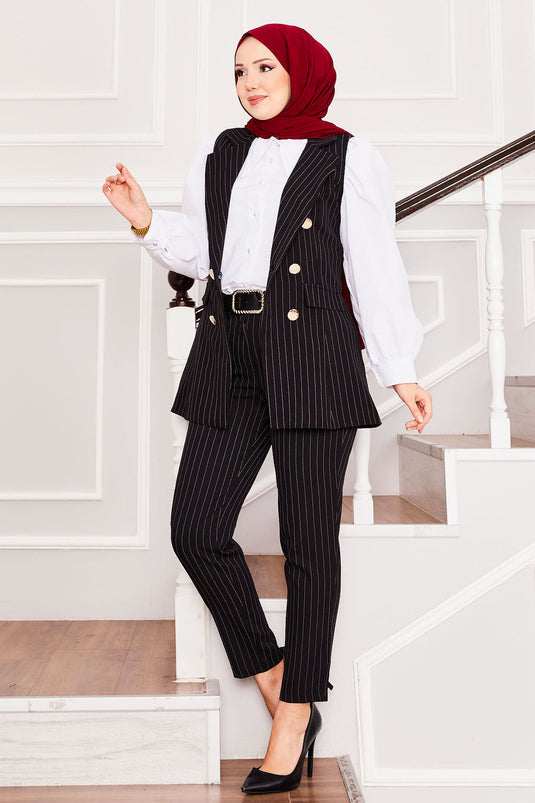 Handkerchief Collar Striped Vest Trousers Two Piece Suit Black
