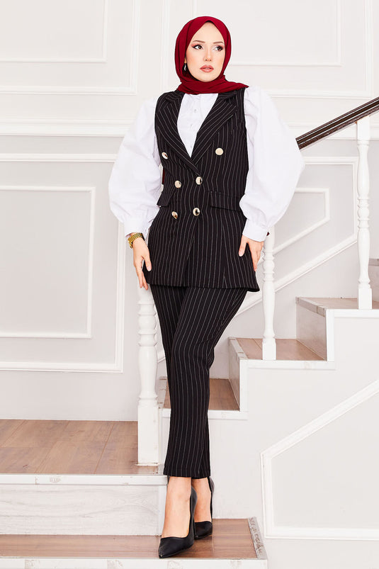 Handkerchief Collar Striped Vest Trousers Two Piece Suit Black
