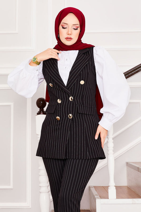 Handkerchief Collar Striped Vest Trousers Two Piece Suit Black