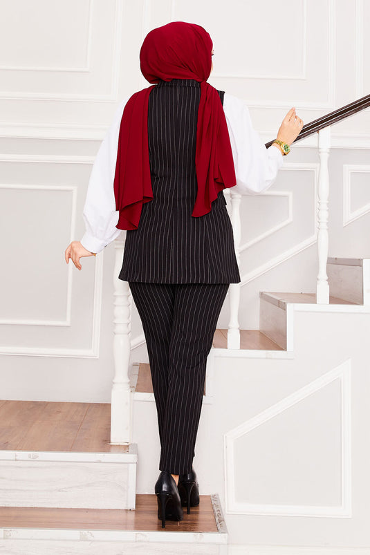 Handkerchief Collar Striped Vest Trousers Two Piece Suit Black