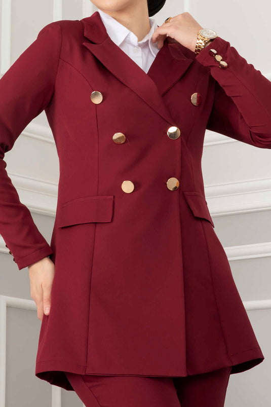 Hijab Suit with Handkerchief Collar Detail Claret Red