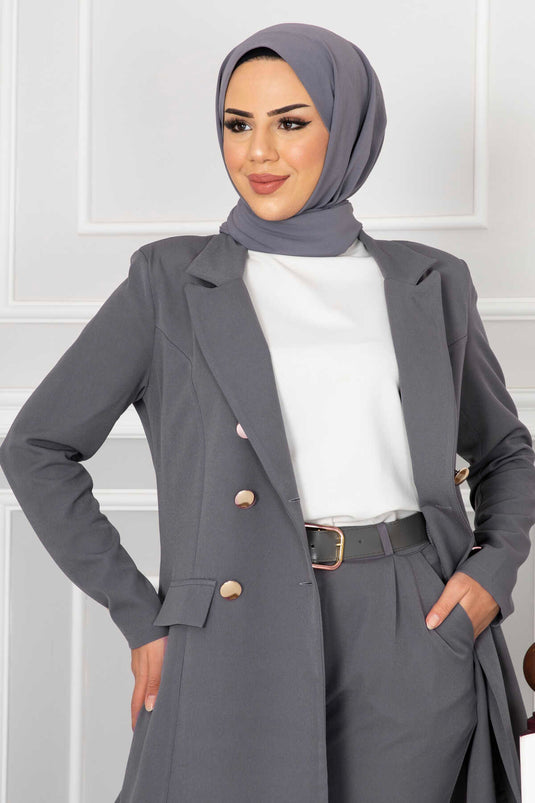 Hijab Suit with Handkerchief Collar Detail, Smoke Color